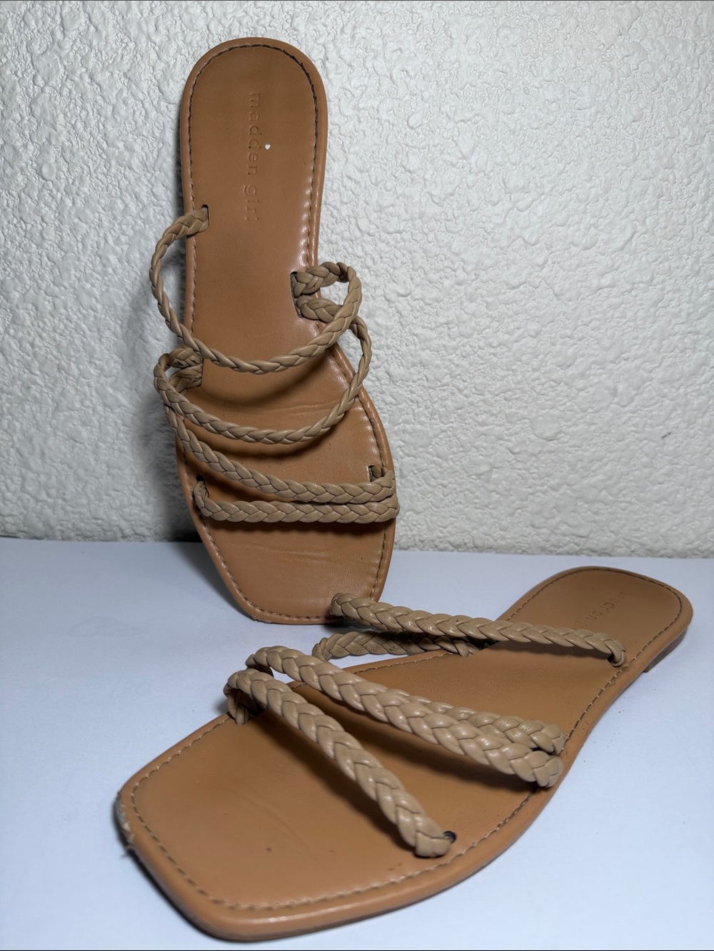 Madden Girl Braided Strap Tan Slide Sandals